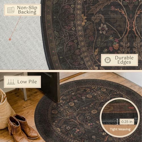 7ft Round Rug for Living Room, Moody Farmhouse Floral Circle Area Rug, Washable Dark Brown Botanical Carpet for Under Bed, Soft Low-Pile Vintage Carpet for Study, Guest Room, Aesthetic Decor - Image 4