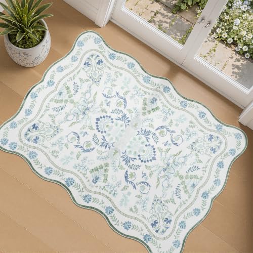 DCX Blue and Green 2x3 Rug, Washable Botanical Scalloped Rug by DCXWashableRug