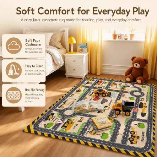 Kids Construction Playroom Rug, Faux Wool Excavator Map, Non-Slip, 4 x 6 ft - Image 5