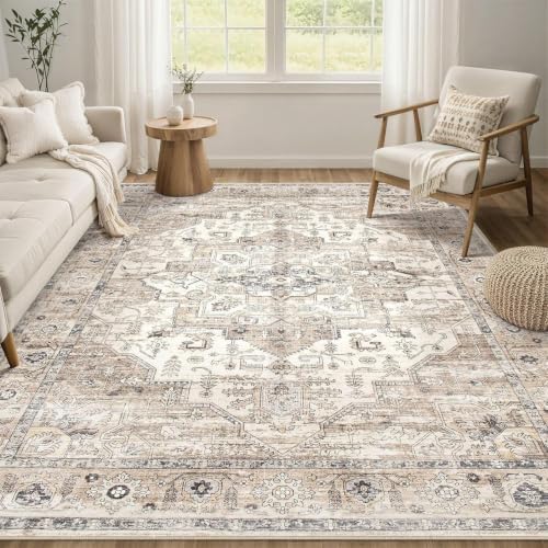 7x10 Area Rug: Washable Vintage Tea Brown Rugs for Living Room - Image 4