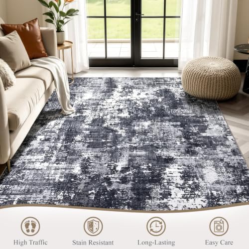 Sasttie 6x9 Washable Area Rug, Modern Abstract Carpet, Black & White - Image 2