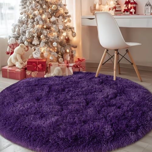 4ft Fluffy Dark Purple Round Rug for Bedroom, Washable Non-Slip by WISHTREE