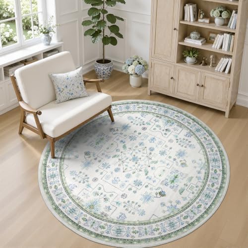 DCX Washable 5x5 Round Area Rug, Blue Green Vintage Oushak Floral - Image 2