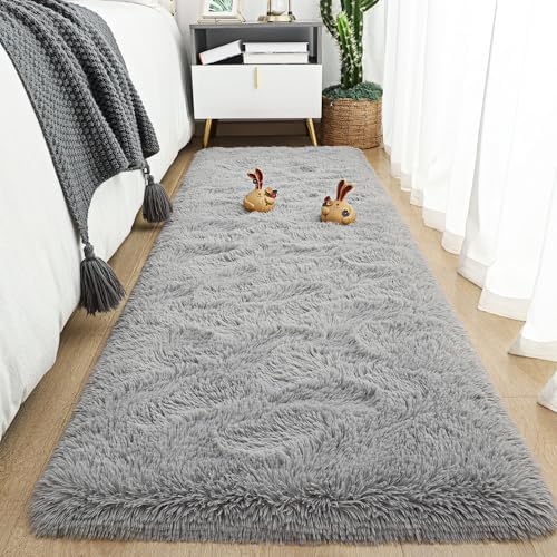 Tepook Grey Soft Runner Rugs for Bedroom 2x6 ft with Rubber Backing by Tepook