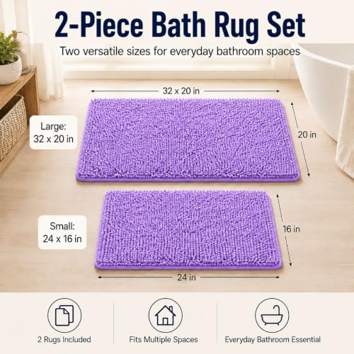 Chenille Bath Mats Set 2 Piece Non-Slip Luxury Bath Runner Rugs Extra Soft Absorbent Shaggy Washable Dry Plush Area Carpet Mats - Lavender - Image 2