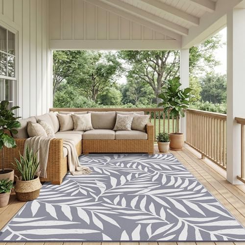 Smiry Outdoor Rug 8x10 ft Waterproof Reversible Leaf Mat, Grey & White - Image 6