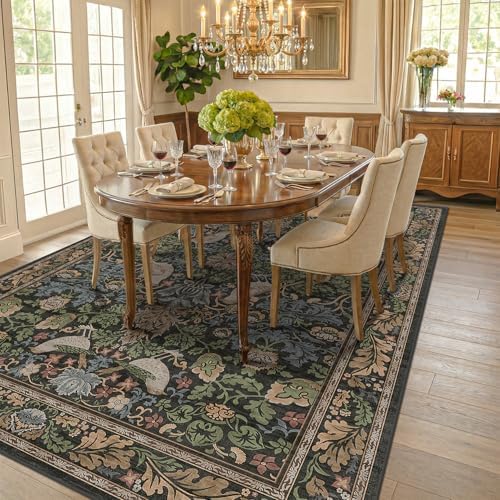 Washable Living Room Rug 6x8 - Green Floral Nature Rugs for Bedroom, Office, Dining Room Kitchen Table Rug for Under Table, Non-Slip Stain Resistant Low Pile Throw Carpet Indoor Door Mat - Image 3