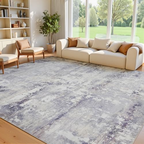 RCTJHOME 9x12 Dusty Lavender Accents Abstract Neutral Modern Washable Rug - Image 2