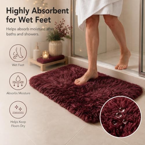 Burgundy Shaggy Bathroom Rugs Set Plush Velvet Bath Rugs Non-Slip Bath Mat Set 3 Piece,Washable Mats,Absorbent Shaggy Rugs Super Soft U-Shaped Toilet Rug,Bahroom Carpets for Bathroom,Tub,Shower - Image 3