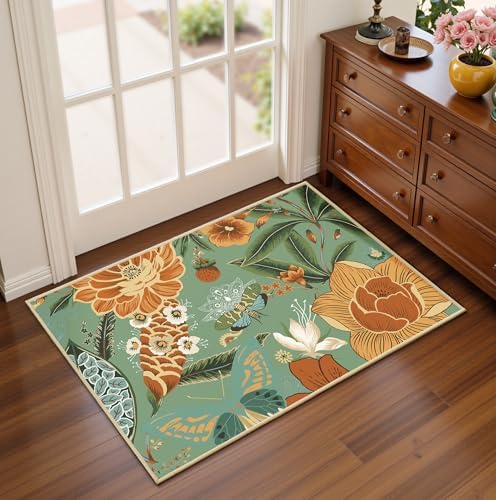 Tyrot Sage Green Boho Floral 2x3 Washable Kitchen & Entryway Rug Ultra-Thin Flat Woven Low Pile Botanical Butterfly Area Rug Non-Slip Indoor Door Mat for Bathroom Bedroom by TyrotHomeDecor