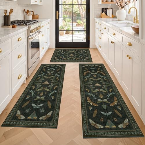 JTJ Vintage Insect Kitchen Rug Set of 3, Dark Green Washable Mats by JTJ