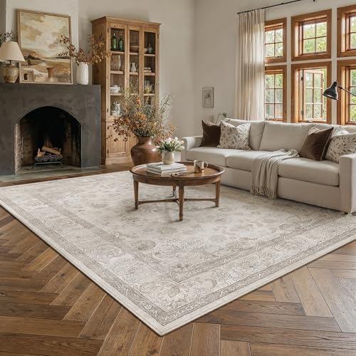 PureCozy Beige 9x12 Washable Area Rug Living Room Vintage Distressed Carpet - Image 2