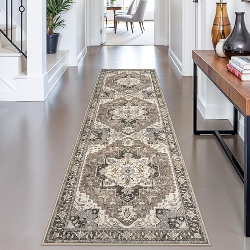 2x8 Washable Hallway Runner Rug - Non-Slip Kitchen Rugs Low Pile Entryway Runners Vintage Soft Carpet Thin Lightweight Indoor Home Decor Floor Mat for Bathroom Laundry Room Bedroom(Beige,2x8) - Image 2