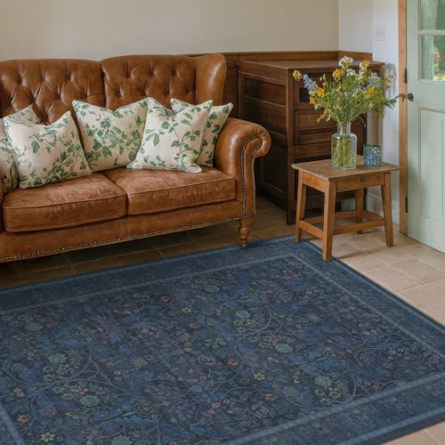4x6 Washable Kitchen Rugs - Navy Blue Large Entryway Rugs Indoor, Non Slip Area Rug for Mudroom, Bedroom, Low Pile Stain Resistant Flower Victorian Carpet (Dark Blue) - Image 6