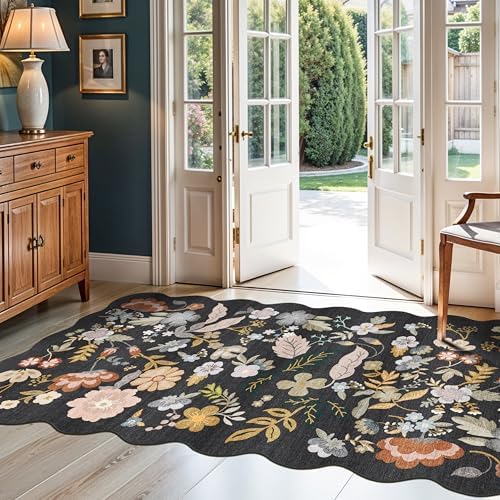 Boho Floral 4x8 Scalloped Rug: Washable Non-Slip Hallway Runner Rug Black - Image 4