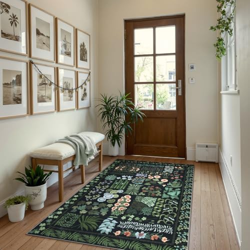 Zealude Floral Boho 3x5 Black Bathroom Entryway Kitchen Rug Non Slip Washable, Botanical Flower Area Rugs for Bedroom, Soft Modern Indoor Throw Carpet for Laundry Living Room Entrance (Black,3 x 5) - Image 3