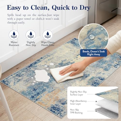 Lahome 2x4 Washable Hallway Runner Rug, Non Slip Runner Rug, Easy Clean Soft Stain Resistant Carpet for Entrance, Front Door, Door-Friendly Mat with Low Pile, 2 x 4 Blue/Ivory - Image 4