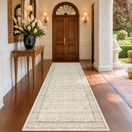 Beige 3x10 Washable Long Hallway Runner Rug Non Slip, Stain & Fade Resistant Farmhouse Kitchen Rug, Neutral Traditional Home Décor, Low Pile Non-Shedding Stain Resistant Oriental Carpet by HazoHaus