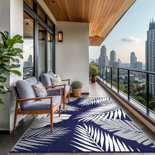 GENIMO Outdoor Rug, Waterproof Plastic Rugs for Patio, 8'x10' Blue White - Image 4