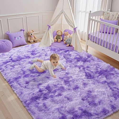 Purple White Rug Fluffy 4x6 Bedroom Rugs Girls,Plush Soft Fuzzy Area Carpet Non Slip for Living Room Nursery Kids Girlie Elegant Home Decor Aesthetic by Lo%CC%80utiRootHome