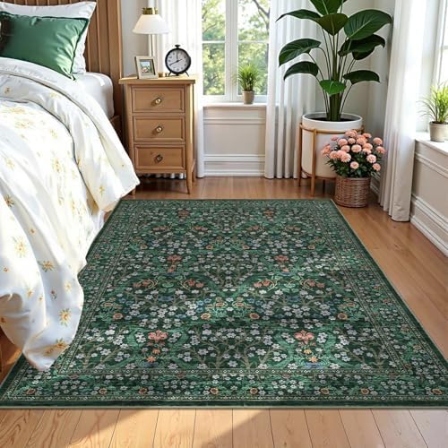 GarveeHome 6x9 Washable Area Rug for Living Room, Floral Dining Room Rugs for Under Table, Low Pile Non-Slip Stain Resistance Floor Carpet for Bedroom, Dark Green - Image 2