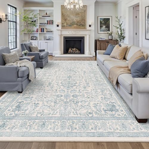 8x10 Washable Living Room Area Rug Non-Slip Vintage Blue Large Carpet by HOME