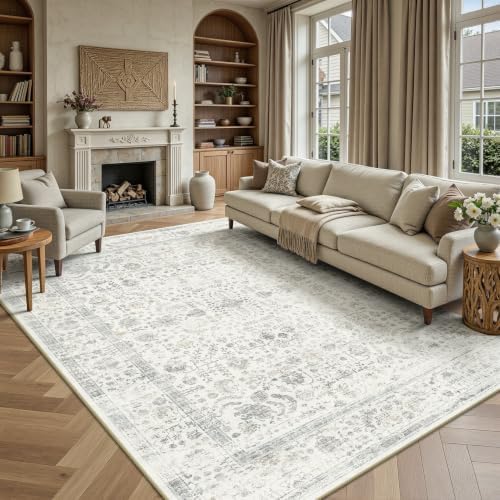 6x9 Area Rugs, Washable Vintage Retro Floral Rug for Living Room, Low Pile Non Slip Distressed Large Carpet for Bedroom, Dining Room, Office, Home (Beige Grey) by Yarooge
