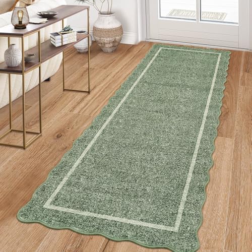 GarveeHome Scalloped Runner Rug for Hallway 2x10 Washable, Greyish Green by GarveeHome