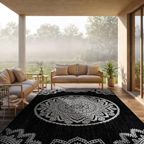 CAMILSON Outdoor Rug 8x10 Modern Area Rugs for Indoor and Outdoor Patios and Porches - Waterproof Washable Non-Shedding Easy-to-Clean Outside Carpet (8 x 10 Medallion - Black/White) by CAMILSONIndoorOutdoorAreaRugs
