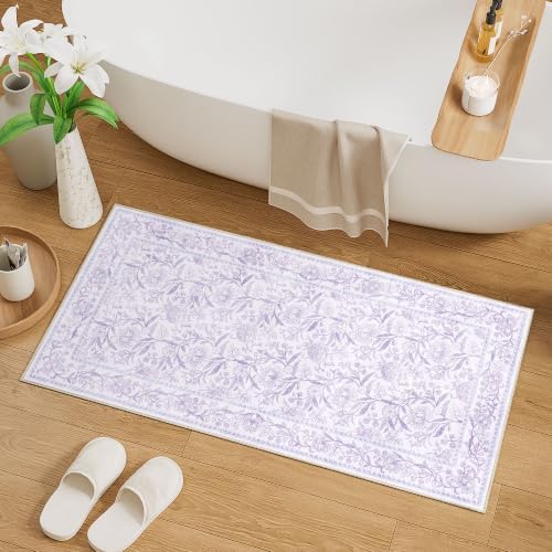 DUKINO 2x4 Rug, Washable Vintage Floral Entryway Rug Non Slip, Purple - Image 3