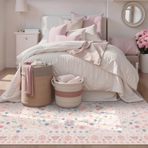 Wonnitar Floral 5x7 Washable Nursery Rug, Pink Rugs for Bedroom Girls, Boho Ultra-Thin Soft Non Slip Floor Carpet for Dorm Living Room Playroom Home Decor, Pastel Pink - Image 5