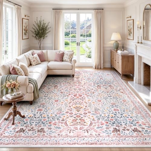 Tosuoka 8x10 Area Rugs Washable Vintage Floral Boho Pink Living Room Rug by Tosuoka