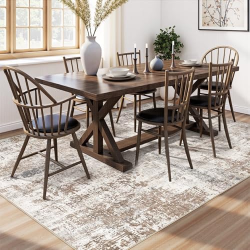 UERMEI 7x9 Area Rug Living Room Rugs - Washable Neutral Modern Abstract Soft Thin Rug Indoor Floor No Slip Rug Carpet for Bedroom Under Dining Table Home Office Decor - Brown/Grey/Red - Image 4