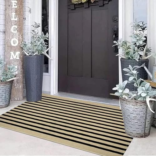 Black and Tan Striped Outdoor Rug 2'x4',Washable Front Porch Door Mat - Image 7