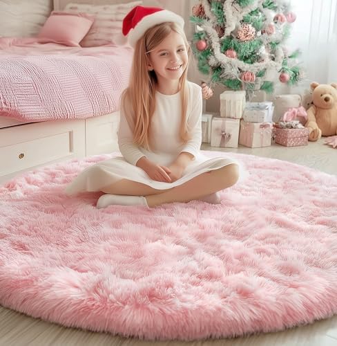 PAGISOFE Pink Round Rug 6Ft for Girls Room Kids Bedroom, Fluffy Shaggy Circle Area Rugs for Girls Bedroom Playroom Kids Home Decor Aesthetic, Plush Furry Throw Cute Baby Girl Nursery Room Rug - Image 3