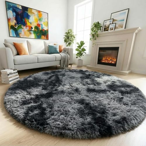 Amdrebio Tie-Dyed Dark Grey Large Round Rug 7Ft for Bedroom Living Room by Amdrebio