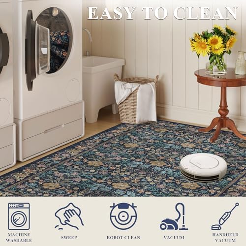 DUKINO 10x14 Rug for Living Room Washable Vintage Floral Area Rug Dark Blue - Image 6