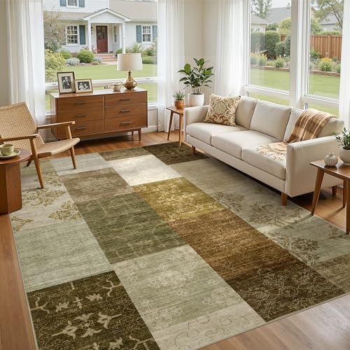UERMEI 10x12 Area Rug for Living Room - Washable Neutral Modern Abstract Carpet, Non-Slip Soft Large Indoor Floor Rugs for Bedroom Home Office & Under Dining Table Decor, Brown/Green by UERMEI