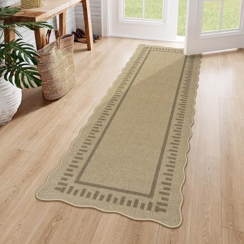 LIVEBOX Scalloped Washable 2x6 Runner Rug, Easy Jute Outdoor Rug Kitchen Tan Rugs for Entryway Hallway, Indoor Non Slip Rugs Farmhouse Geometric Modern Carpet for Laundry Room Bedroom Door Mat Porch by LIVEBOX
