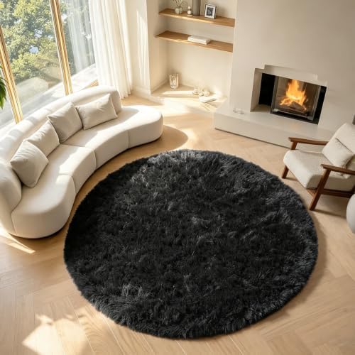 ONASAR Black Round Rugs 7ft for Living Room, Fluffy Bedroom Circle Area Rug, Soft Plush Shaggy Carpet for Kids Girls Boys Teen Nursery Dorm Classroom Playroom Home Decor Aesthetic by ONASAR