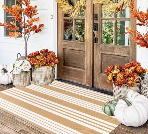 Fall Washable 3'x 5'Outdoor Rug,Khaki and White Washable Front Porch Rug - Image 4