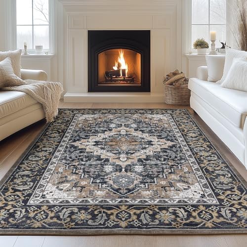 Lessymo Washable Area Rug 5x8 Living Room, Soft Bedroom Rugs Black Brown by Lessymo