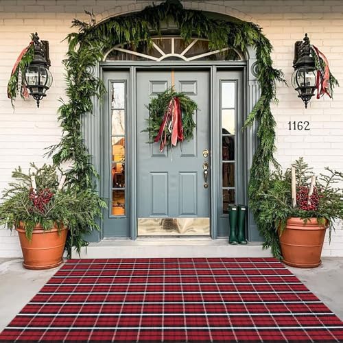 Buffalo Plaid Outdoor Rug, 4' x 6' Christmas Red & Black Check Indoor/Outdoor Area Rug, Layering Rug for Hello/Welcome Door Mat, Machine Washable Cotton Woven Farmhouse Mat for Front Porch Decor by BOTTA