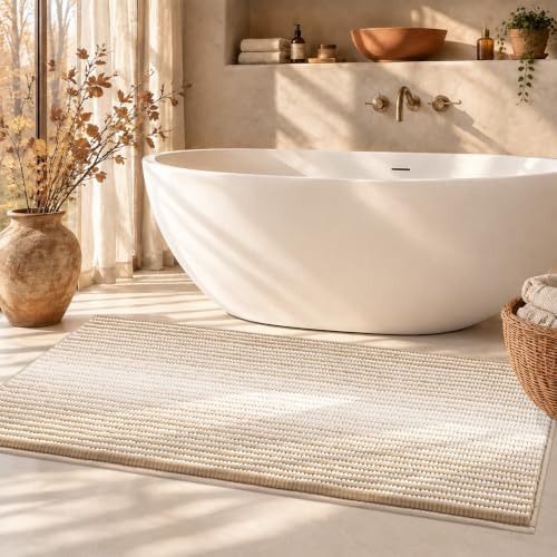 BSICPRO Large Bathroom Rugs Runner, 22x60 Striped Bath Mats, Beige by BSICPRO