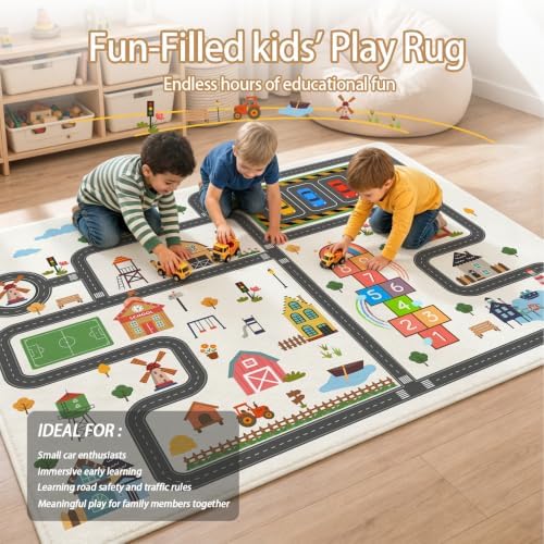 5'x7' Kids Car Play Rug, Kids Road Playmat Rug for Toy Cars, Educational Town City Map Washable Carpet for Boy Playroom Bedroom, Safer Car Track Play Mat for Children - Non Slip, 60"x84" - Image 3