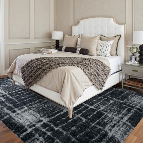 9x12 Non-Slip Fluffy Area Rugs For Living Room (Black and Gray Checkered) - Image 2