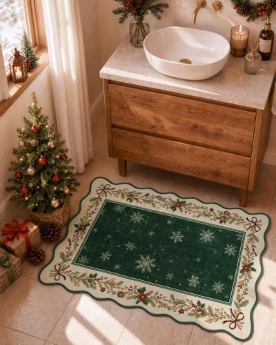 Lahome Christmas Entry Rug 2x3, Green Snowflake Bathroom Rug - Image 2