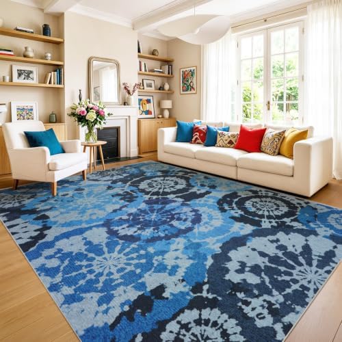 Large Boho Vintage 8x10 Area Rug, Blue Grey Low-Pile Washable Rug - Image 5