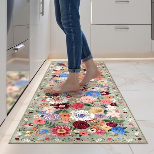 Green Garden Floral Hallway Runner Rug 2x5 for Bedroom Kitchen by WelcometoBabovid