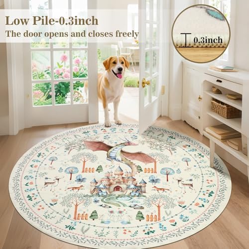 nesrt Washable Dragon Area Rugs for Living Room 6Ft Round, Beige Soft Modern Bedroom Rugs Non Slip, Thin Animal Print Forest Dining Room Floor Carpets for Kids Nursey Playroom Home Office Decor - Image 4